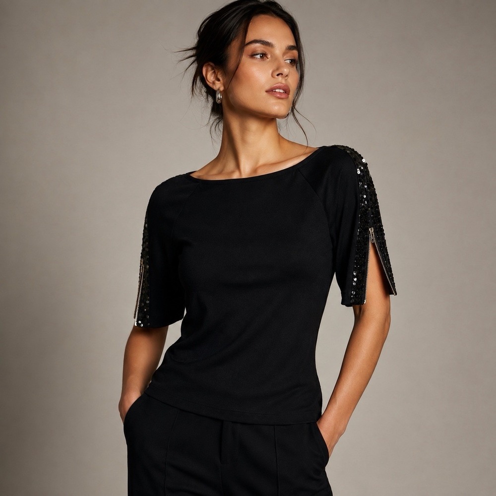 St John Couture Shirt Womens 2 Black Sequin Zip Sleeve Boat Neck Jersey Top Y2K